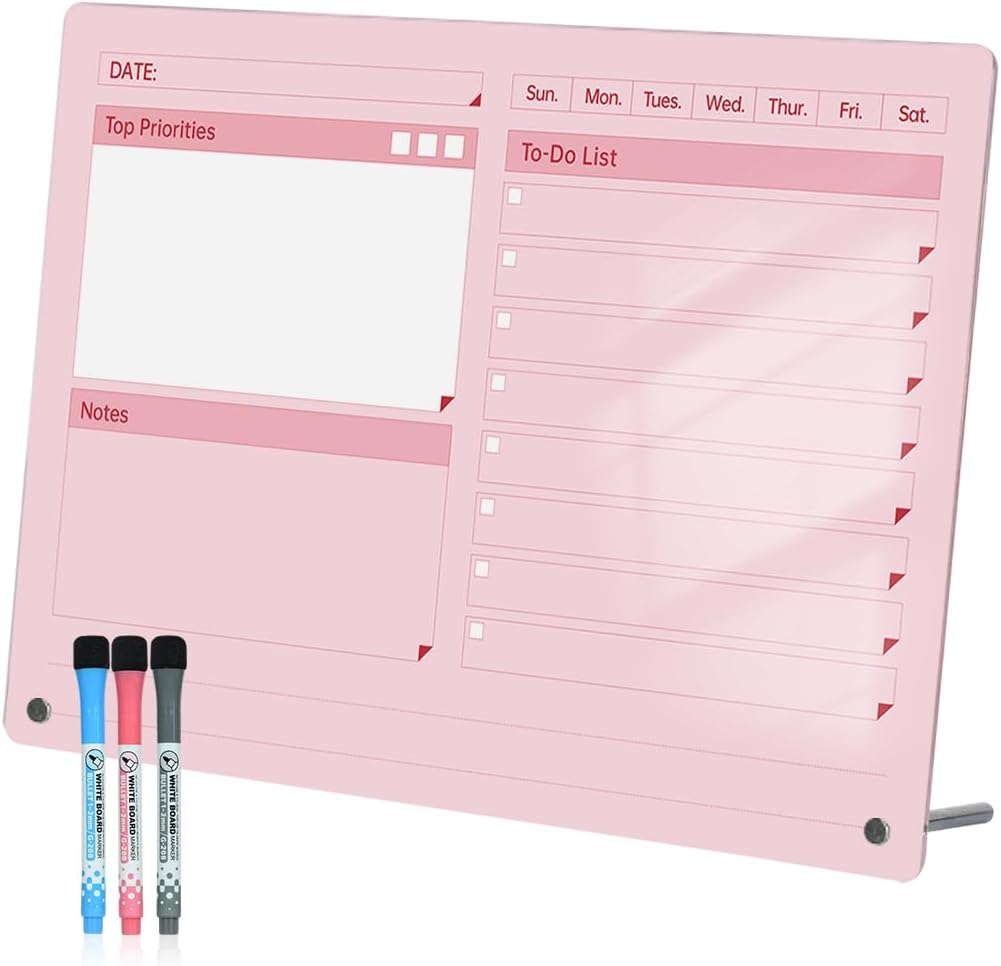 Acrylic Dry Erase to-Do List Board with Top Priorities Notes, 9x13 Desktop Whiteboard Planner with Stand, Daily Task Organizer for Office/Home/School, Includes 3 Dry Erase Markers (White)