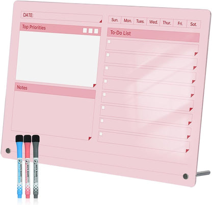 Acrylic Dry Erase to-Do List Board with Top Priorities Notes, 9x13 Desktop Whiteboard Planner with Stand, Daily Task Organizer for Office/Home/School, Includes 3 Dry Erase Markers (White)