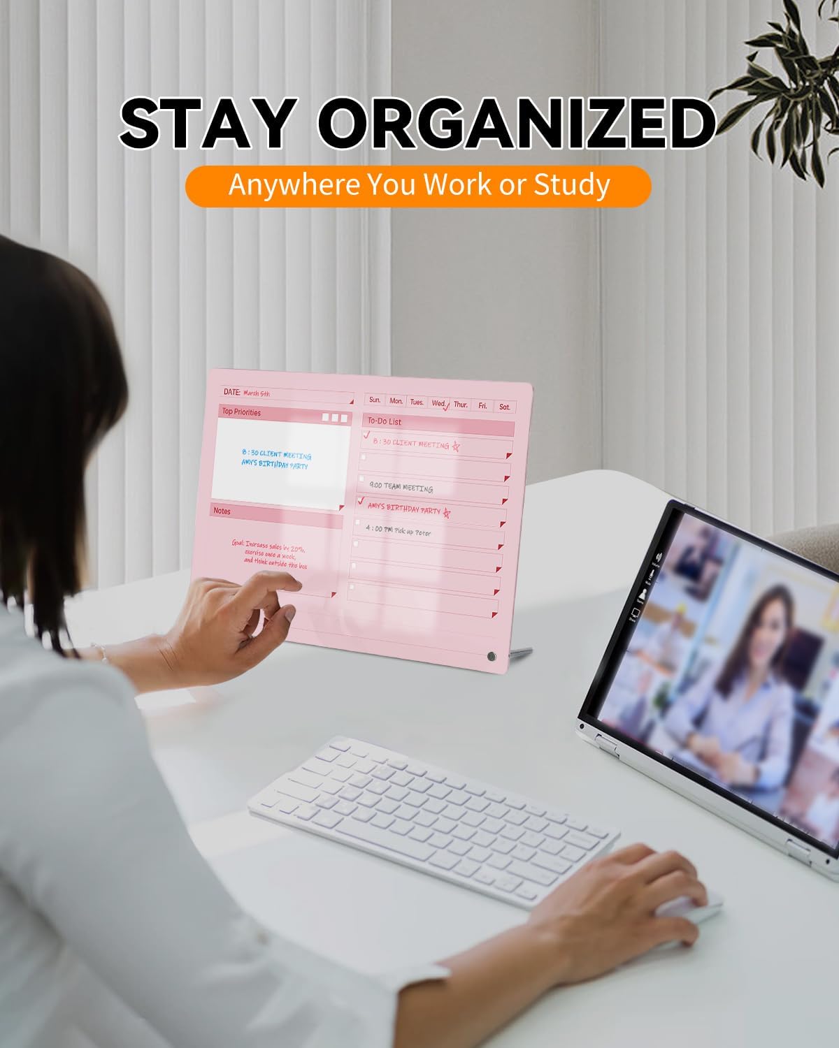 Acrylic Dry Erase to-Do List Board with Top Priorities Notes, 9x13 Desktop Whiteboard Planner with Stand, Daily Task Organizer for Office/Home/School, Includes 3 Dry Erase Markers (White)