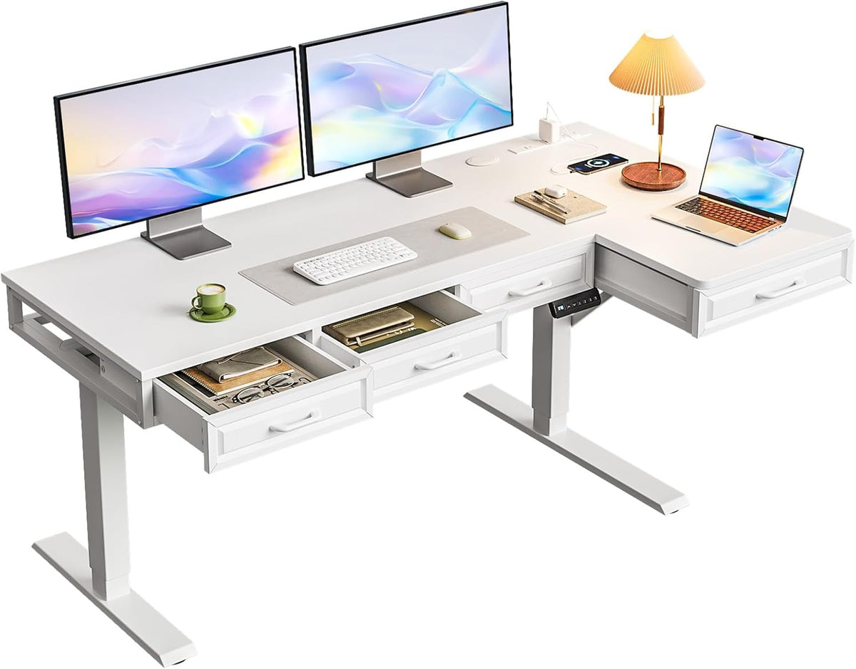 OffiGo 55 Inch L Shaped Standing Desk with 4 Wooden Drawers, White