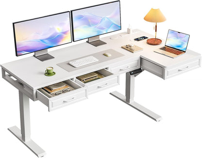 OffiGo 55 Inch L Shaped Standing Desk with 4 Wooden Drawers, White