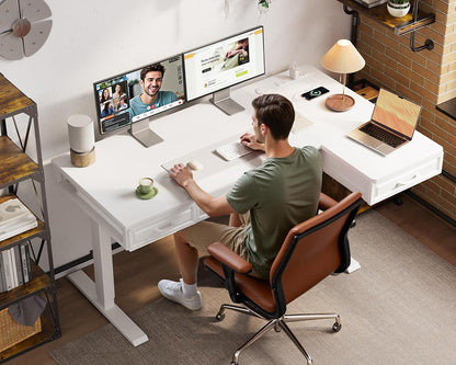OffiGo 55 Inch L Shaped Standing Desk with 4 Wooden Drawers, White