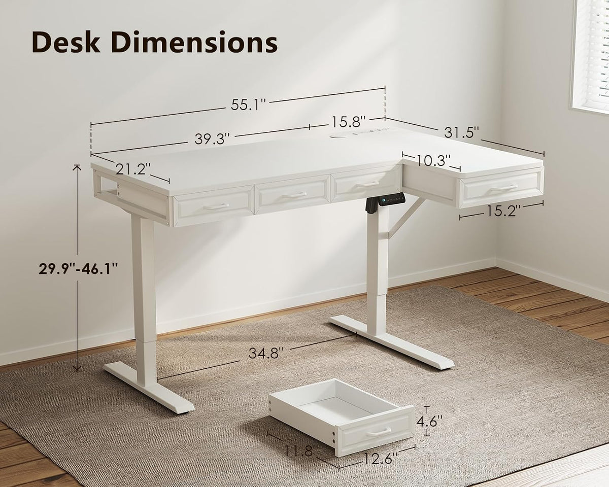 OffiGo 55 Inch L Shaped Standing Desk with 4 Wooden Drawers, White