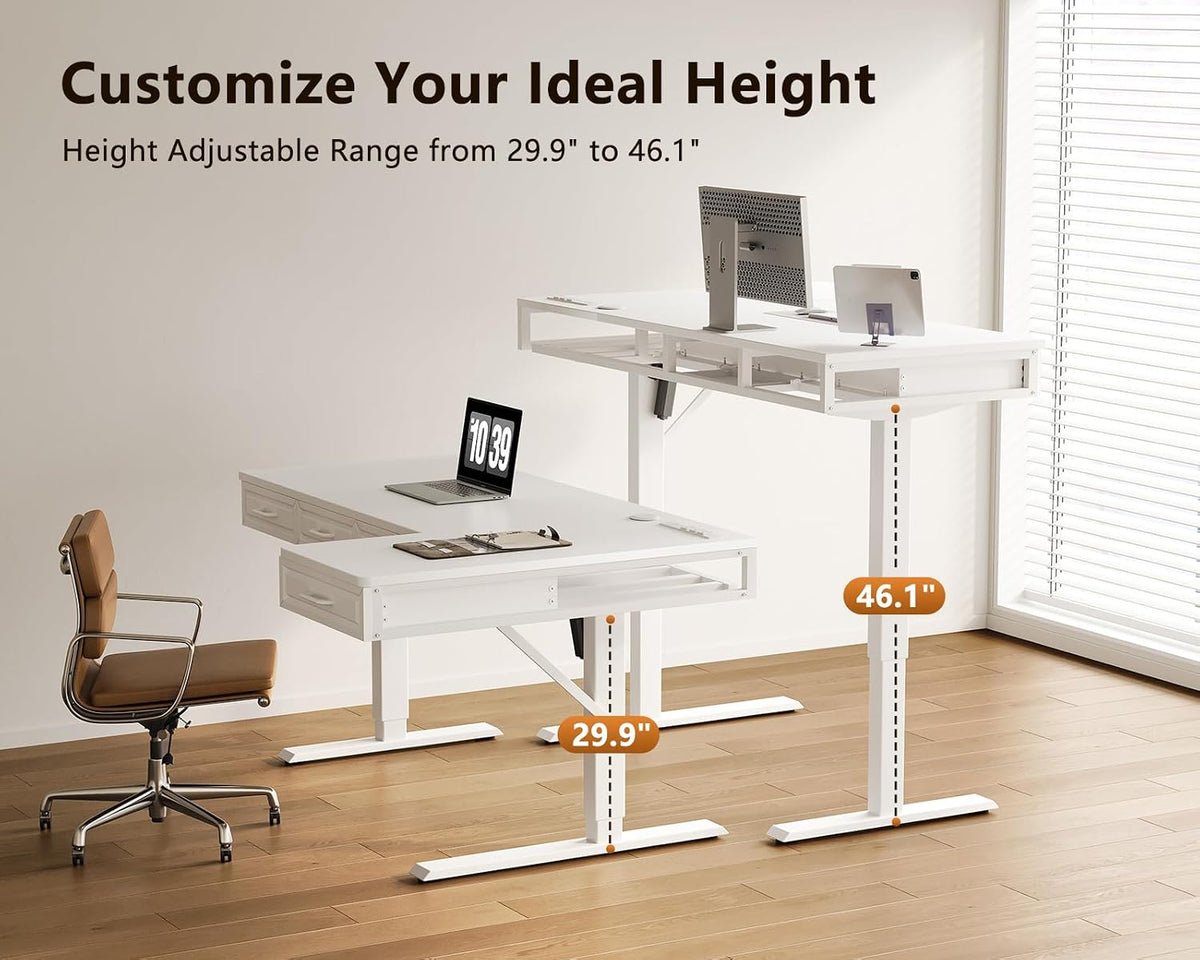 OffiGo 55 Inch L Shaped Standing Desk with 4 Wooden Drawers, White