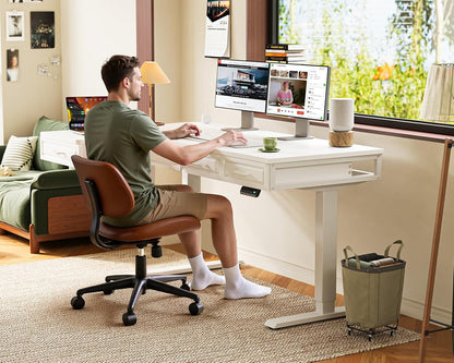 OffiGo 55 Inch L Shaped Standing Desk with 4 Wooden Drawers, White