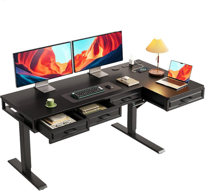 OffiGo 55 Inch L Shaped Standing Desk with 4 Wooden Drawers, White