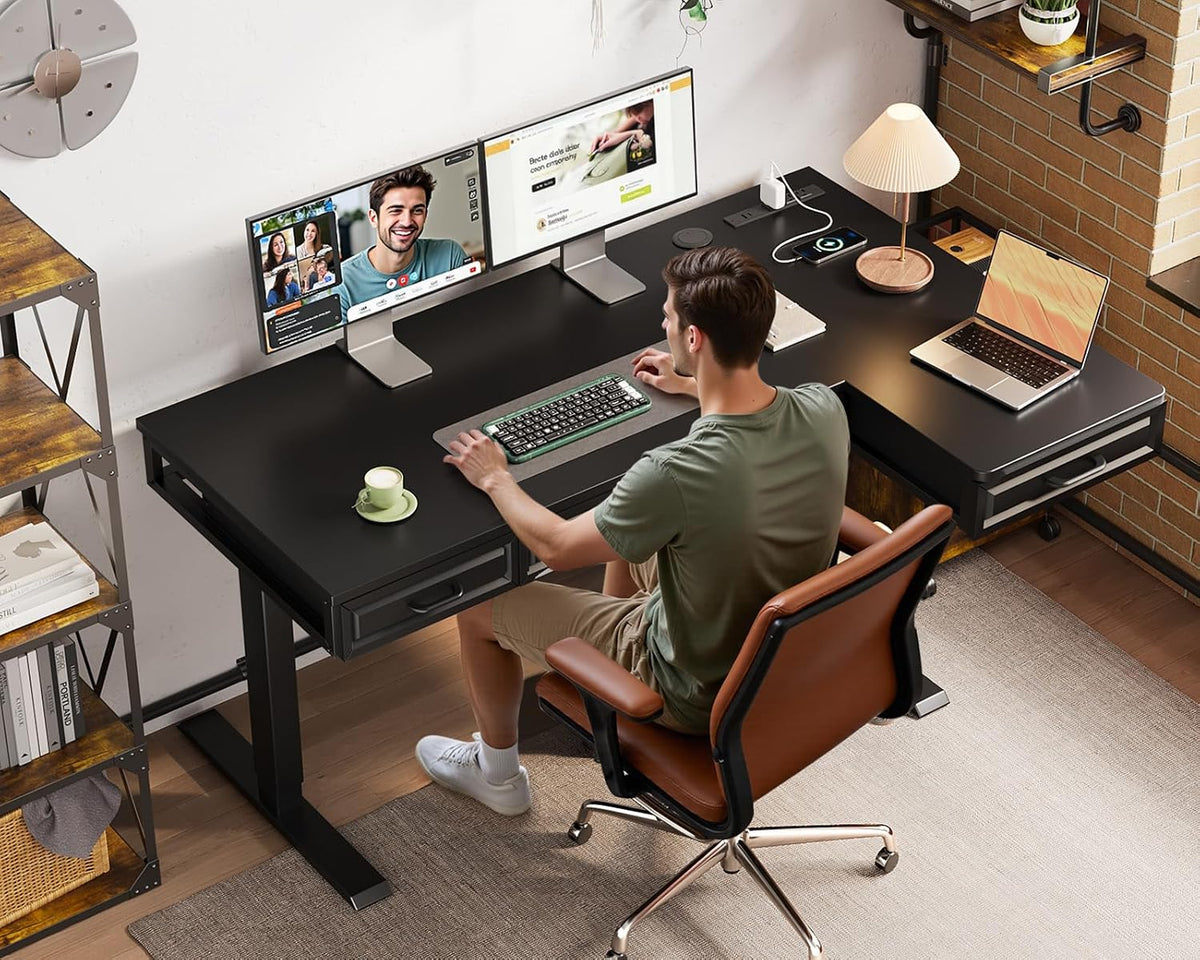 OffiGo 55 Inch L Shaped Standing Desk with 4 Wooden Drawers, White