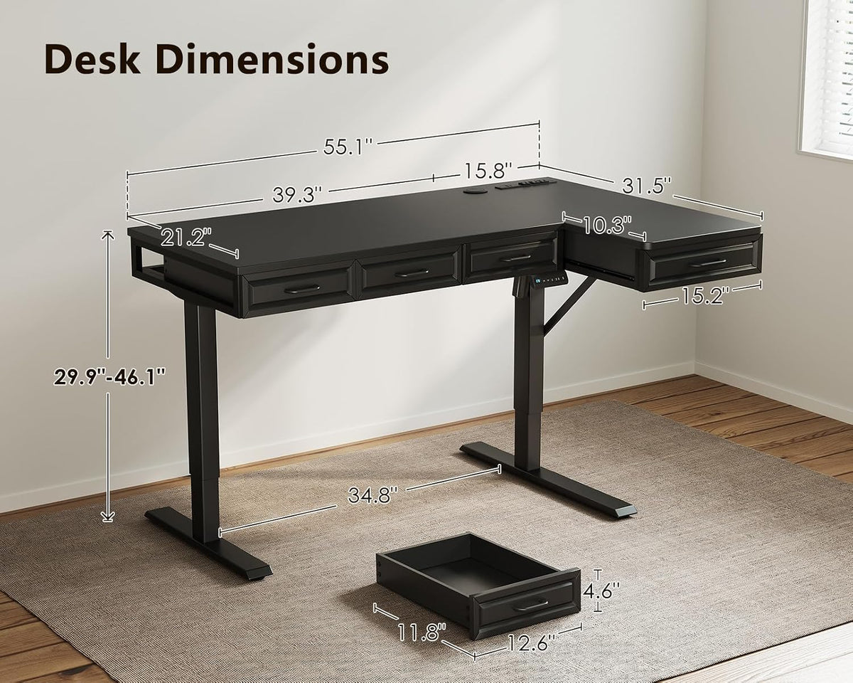 OffiGo 55 Inch L Shaped Standing Desk with 4 Wooden Drawers, White