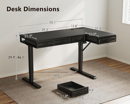 OffiGo 55 Inch L Shaped Standing Desk with 4 Wooden Drawers, White
