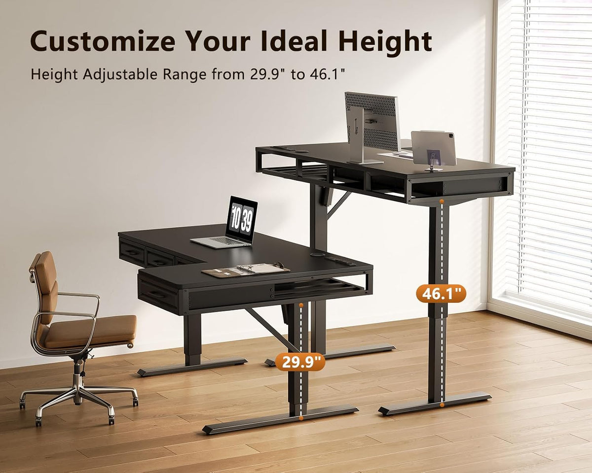 OffiGo 55 Inch L Shaped Standing Desk with 4 Wooden Drawers, White
