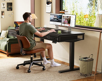 OffiGo 55 Inch L Shaped Standing Desk with 4 Wooden Drawers, White