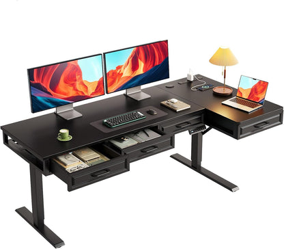 OffiGo 55 Inch L Shaped Standing Desk with 4 Wooden Drawers, White