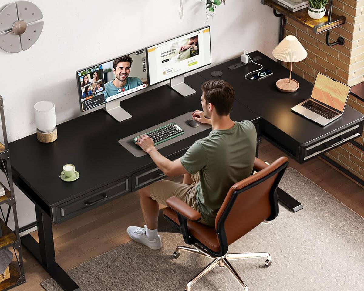 OffiGo 55 Inch L Shaped Standing Desk with 4 Wooden Drawers, White