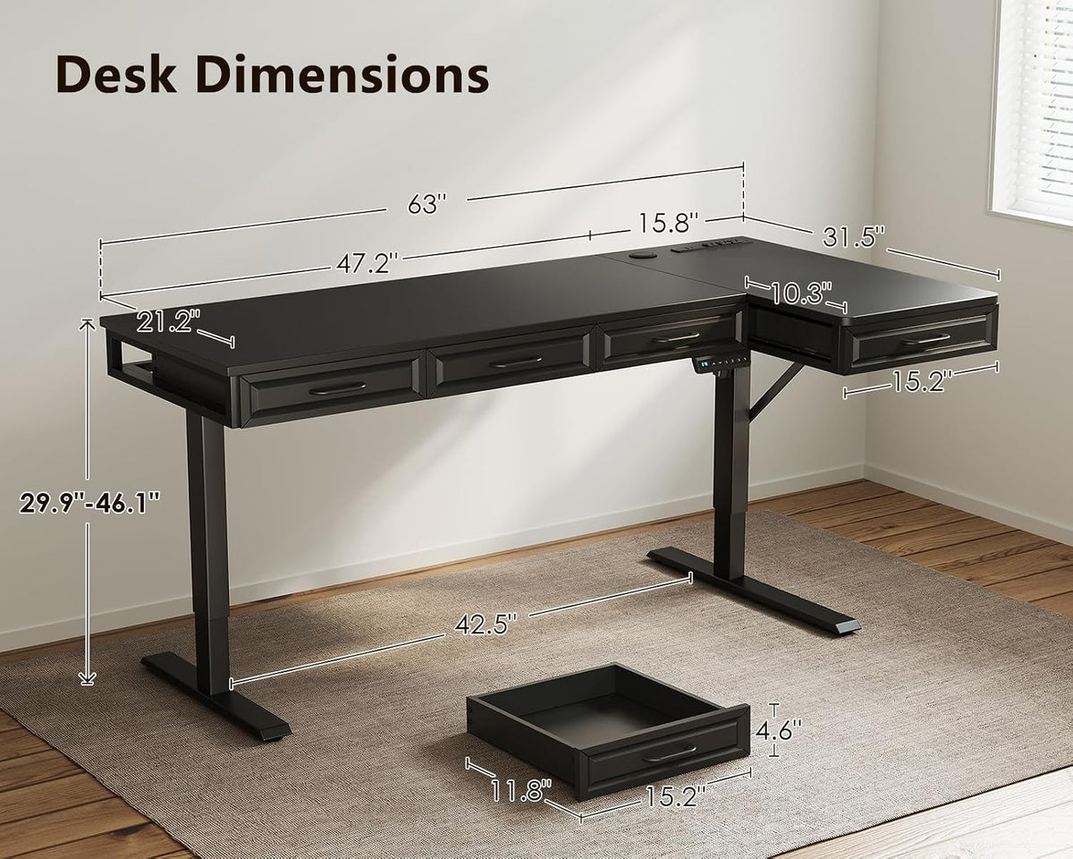 OffiGo 55 Inch L Shaped Standing Desk with 4 Wooden Drawers, White