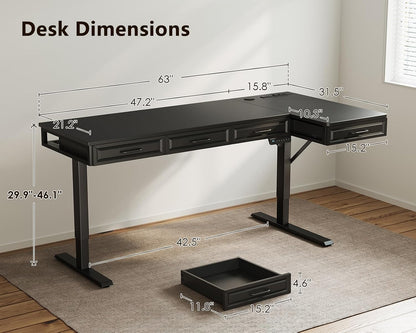 OffiGo 55 Inch L Shaped Standing Desk with 4 Wooden Drawers, White