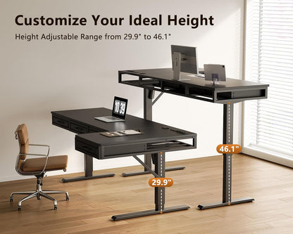 OffiGo 55 Inch L Shaped Standing Desk with 4 Wooden Drawers, White