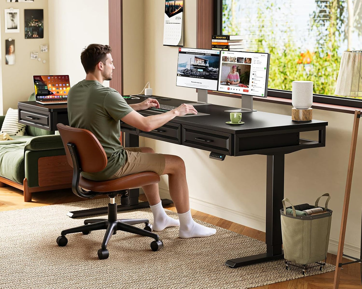 OffiGo 55 Inch L Shaped Standing Desk with 4 Wooden Drawers, White
