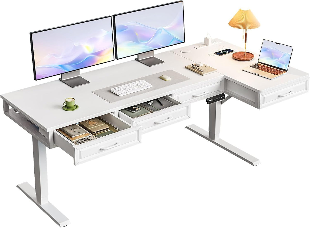 OffiGo 55 Inch L Shaped Standing Desk with 4 Wooden Drawers, White