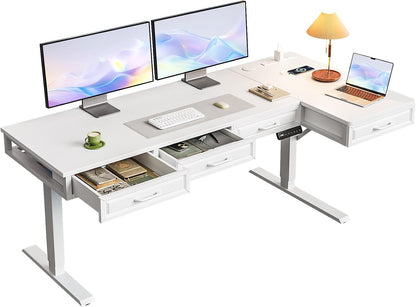 OffiGo 55 Inch L Shaped Standing Desk with 4 Wooden Drawers, White