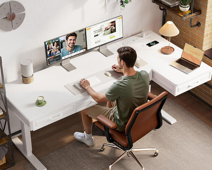 OffiGo 55 Inch L Shaped Standing Desk with 4 Wooden Drawers, White