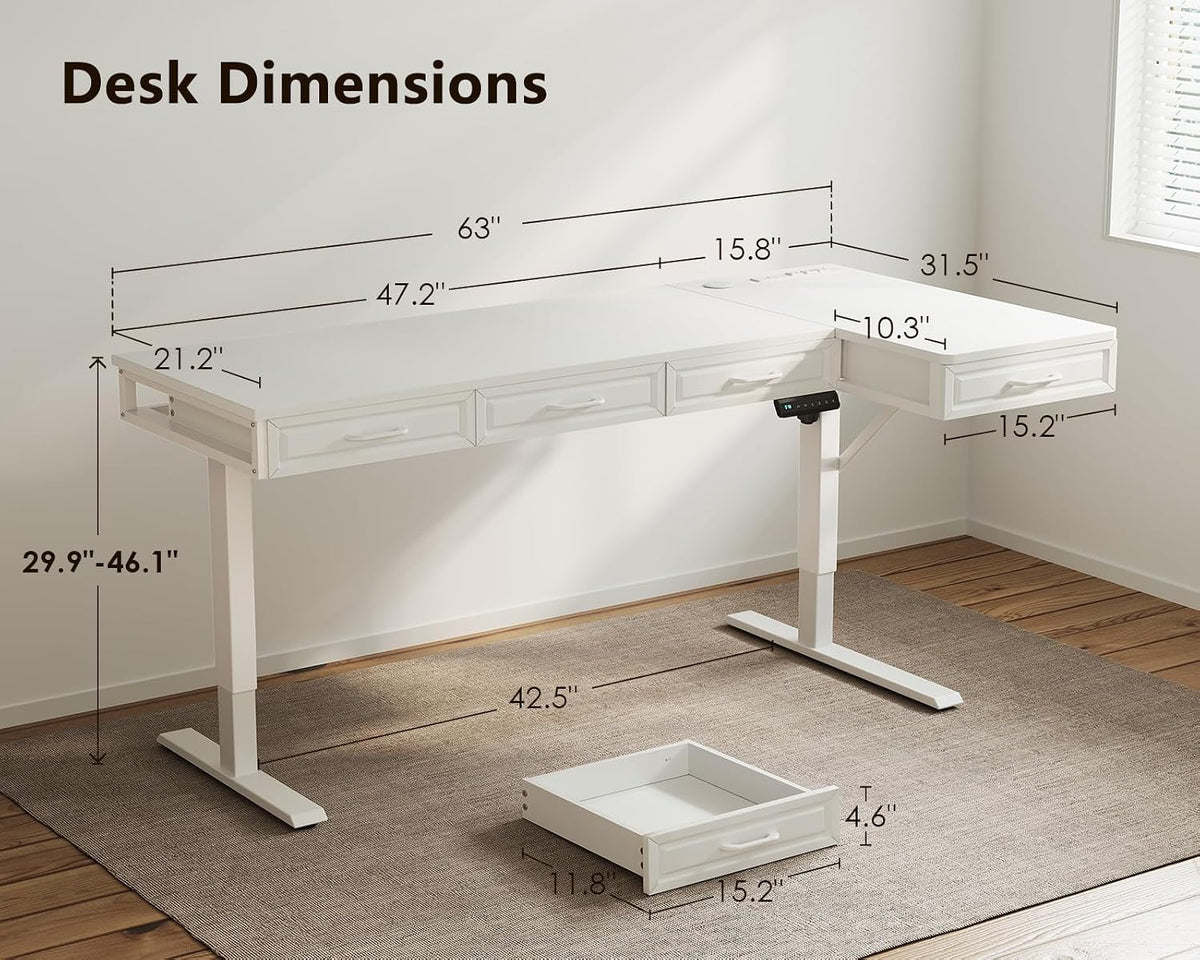 OffiGo 55 Inch L Shaped Standing Desk with 4 Wooden Drawers, White