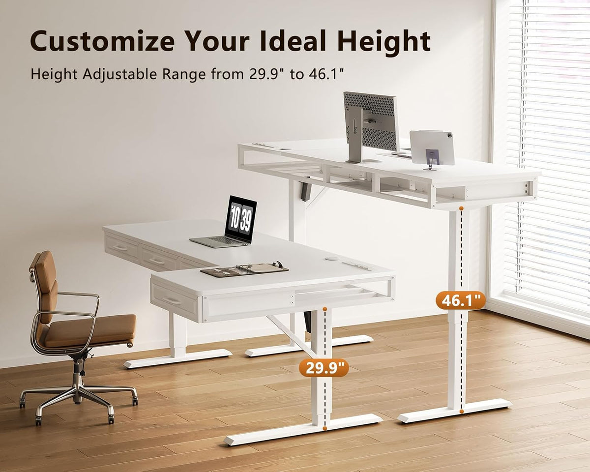 OffiGo 55 Inch L Shaped Standing Desk with 4 Wooden Drawers, White