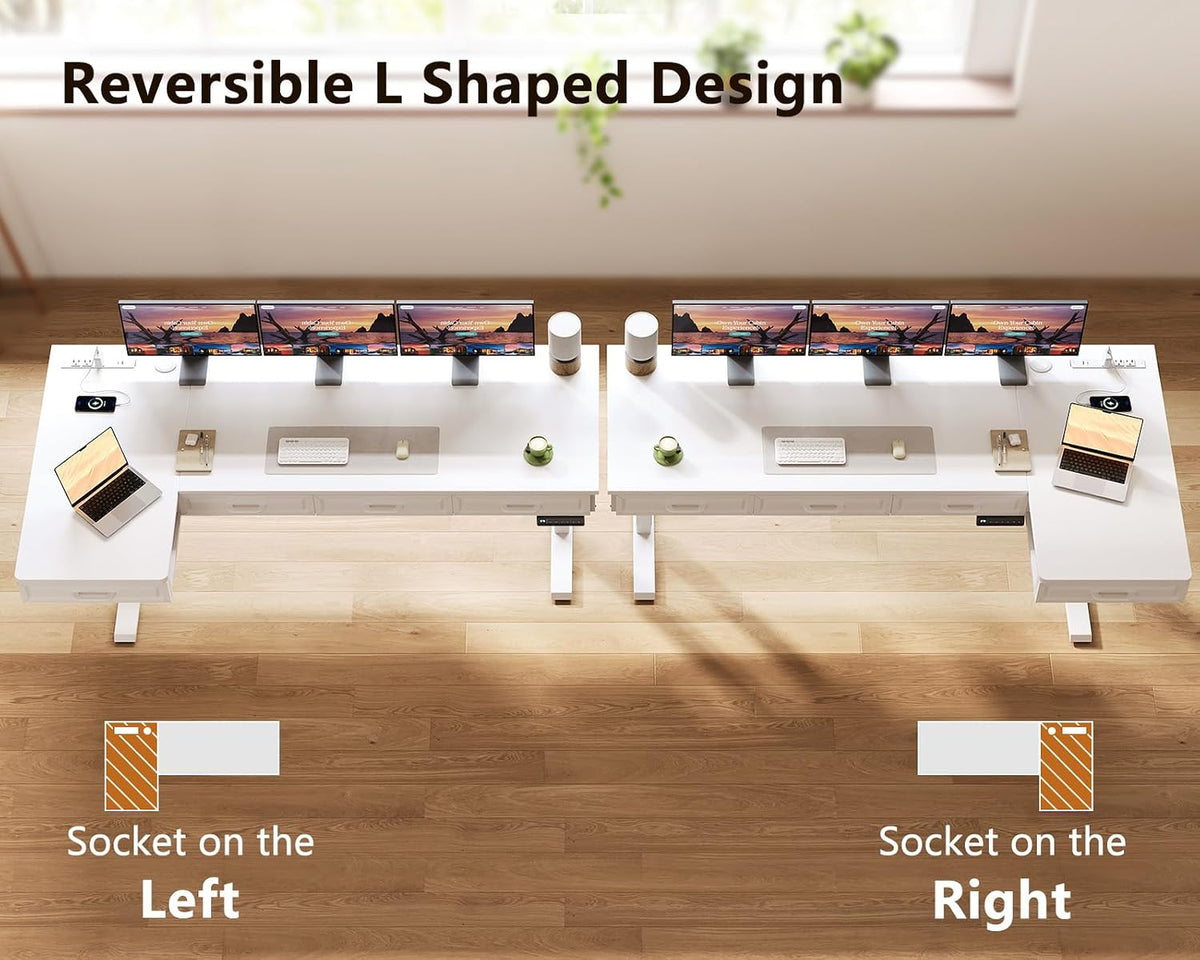OffiGo 55 Inch L Shaped Standing Desk with 4 Wooden Drawers, White
