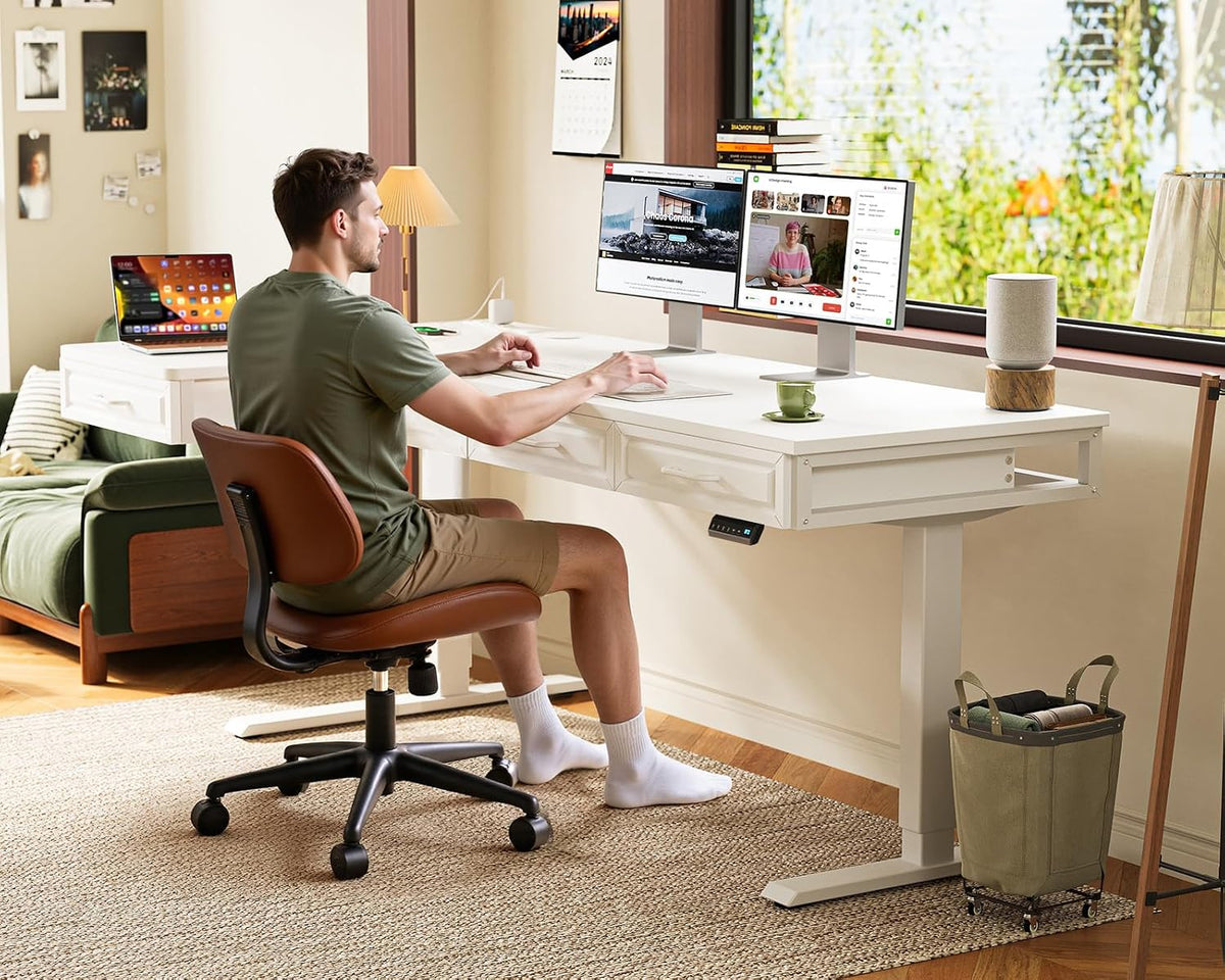 OffiGo 55 Inch L Shaped Standing Desk with 4 Wooden Drawers, White