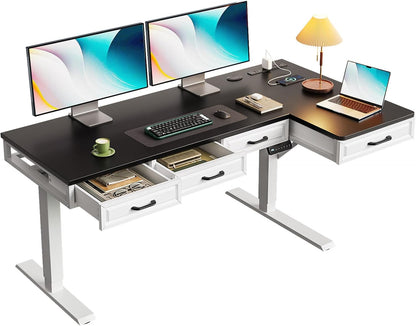 OffiGo 55 Inch L Shaped Standing Desk with 4 Wooden Drawers, White