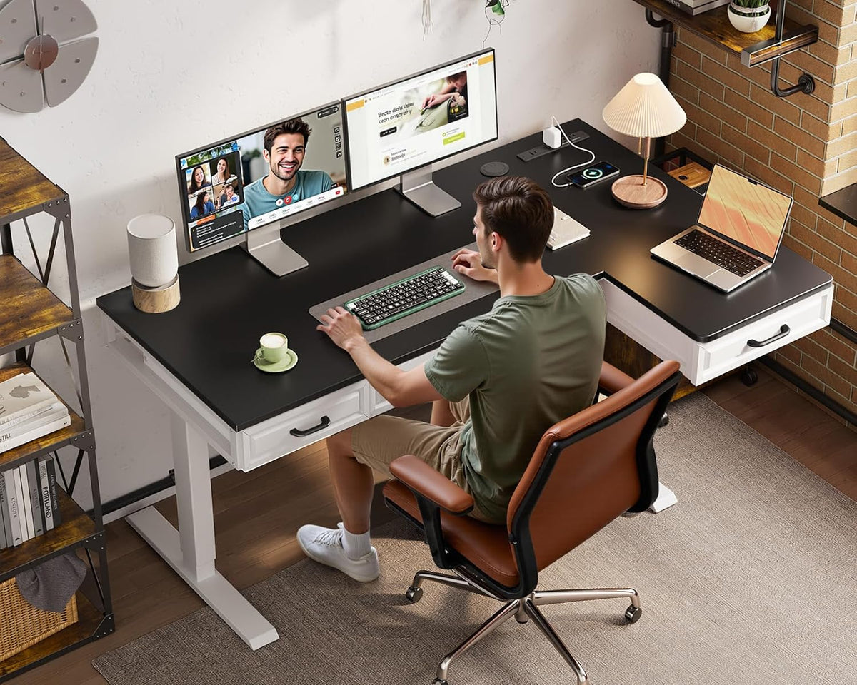 OffiGo 55 Inch L Shaped Standing Desk with 4 Wooden Drawers, White