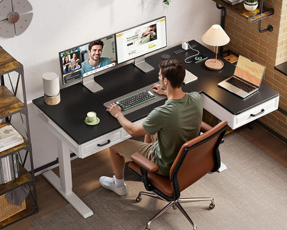 OffiGo 55 Inch L Shaped Standing Desk with 4 Wooden Drawers, White