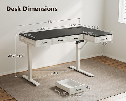 OffiGo 55 Inch L Shaped Standing Desk with 4 Wooden Drawers, White