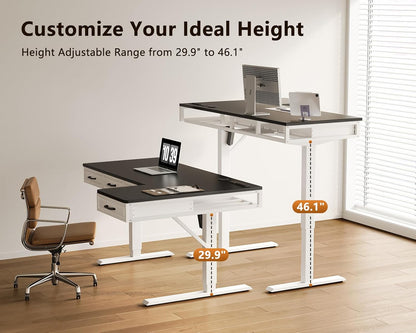 OffiGo 55 Inch L Shaped Standing Desk with 4 Wooden Drawers, White