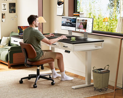 OffiGo 55 Inch L Shaped Standing Desk with 4 Wooden Drawers, White