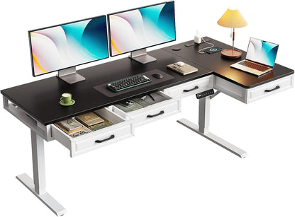 OffiGo 55 Inch L Shaped Standing Desk with 4 Wooden Drawers, White