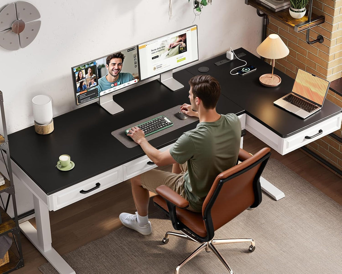 OffiGo 55 Inch L Shaped Standing Desk with 4 Wooden Drawers, White