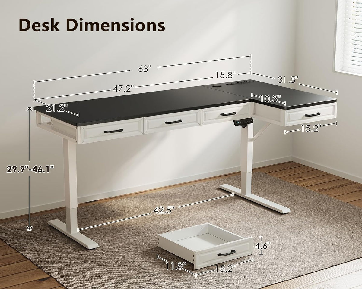 OffiGo 55 Inch L Shaped Standing Desk with 4 Wooden Drawers, White