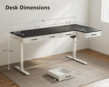 OffiGo 55 Inch L Shaped Standing Desk with 4 Wooden Drawers, White
