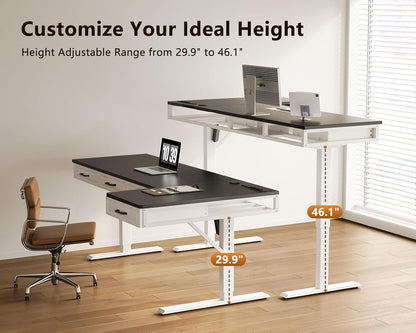 OffiGo 55 Inch L Shaped Standing Desk with 4 Wooden Drawers, White