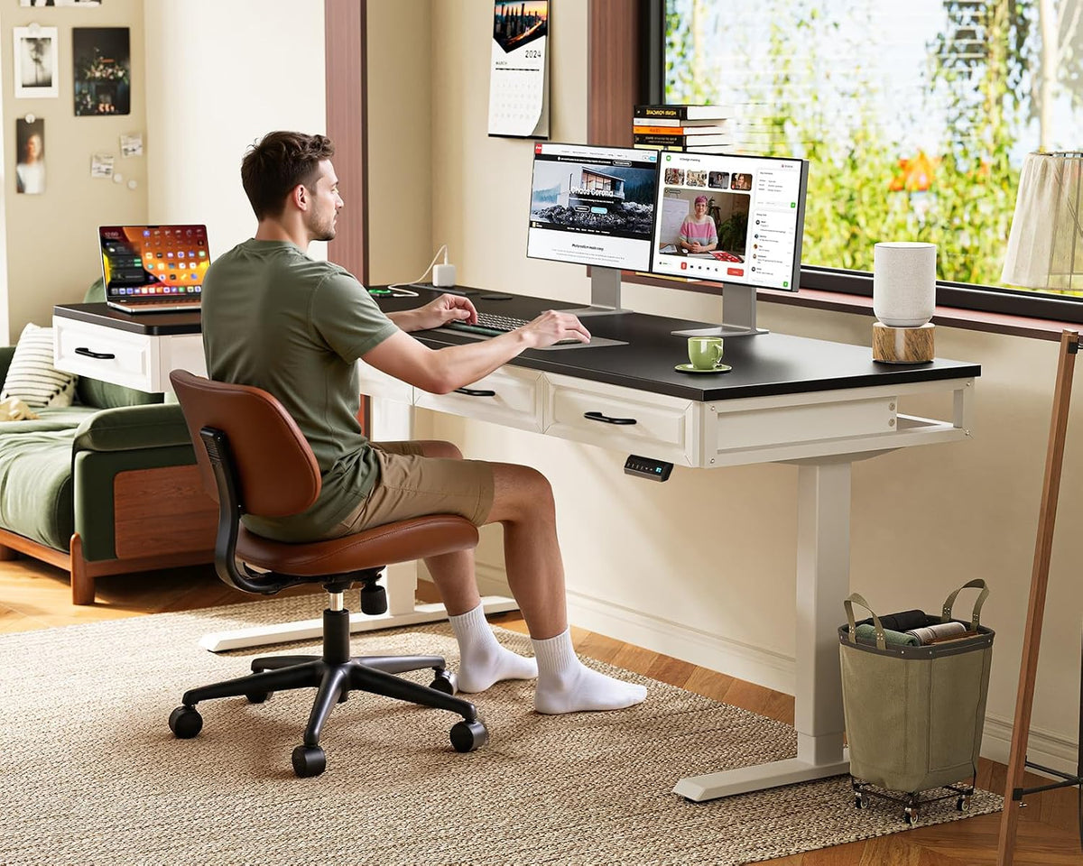 OffiGo 55 Inch L Shaped Standing Desk with 4 Wooden Drawers, White