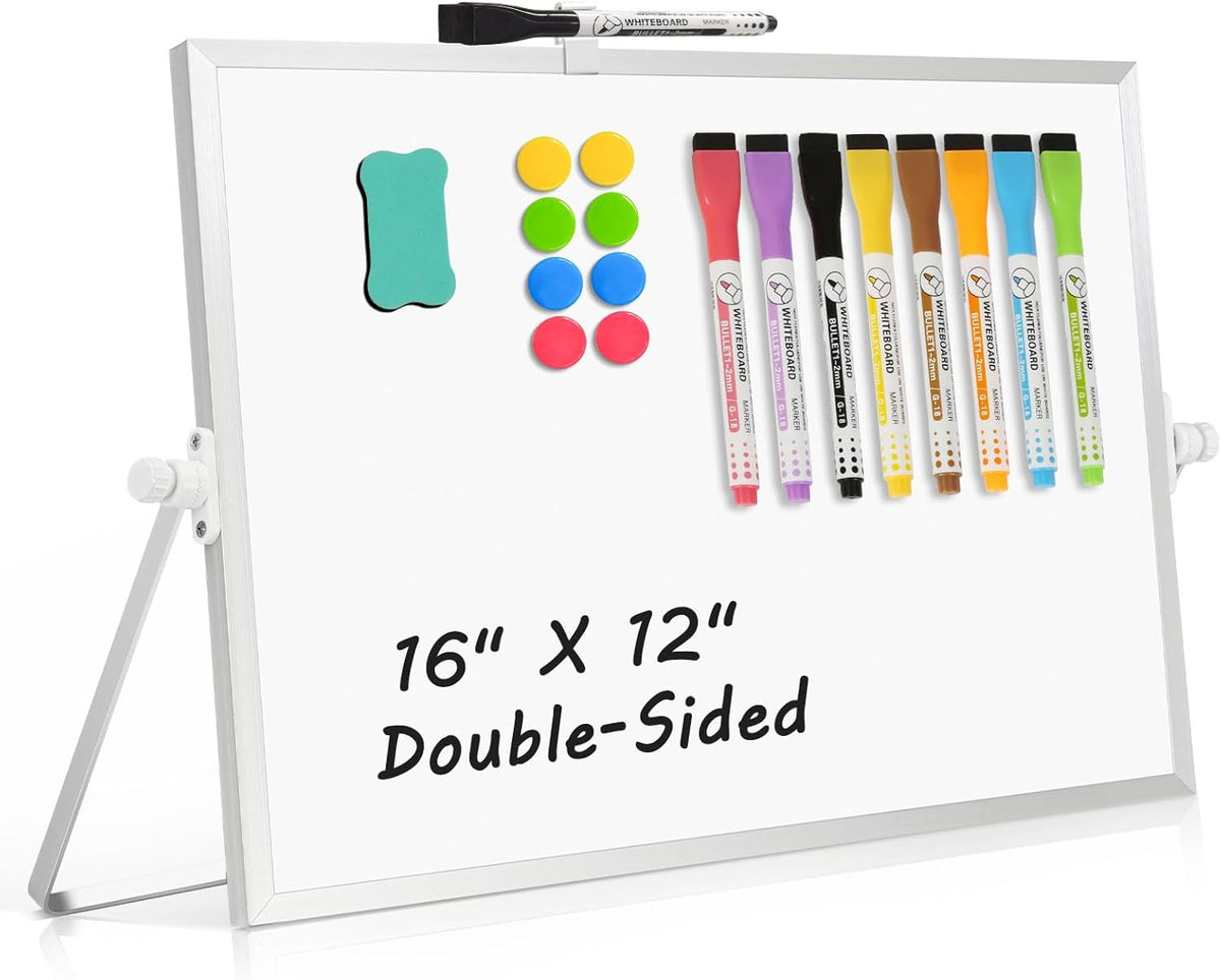 Double-Sided Magnetic White Board with Stand, 16" x 12"