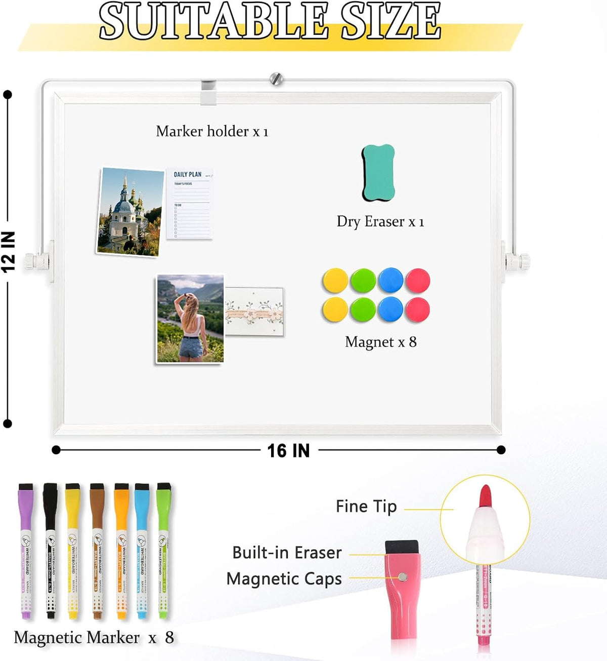 Double-Sided Magnetic White Board with Stand, 16" x 12"