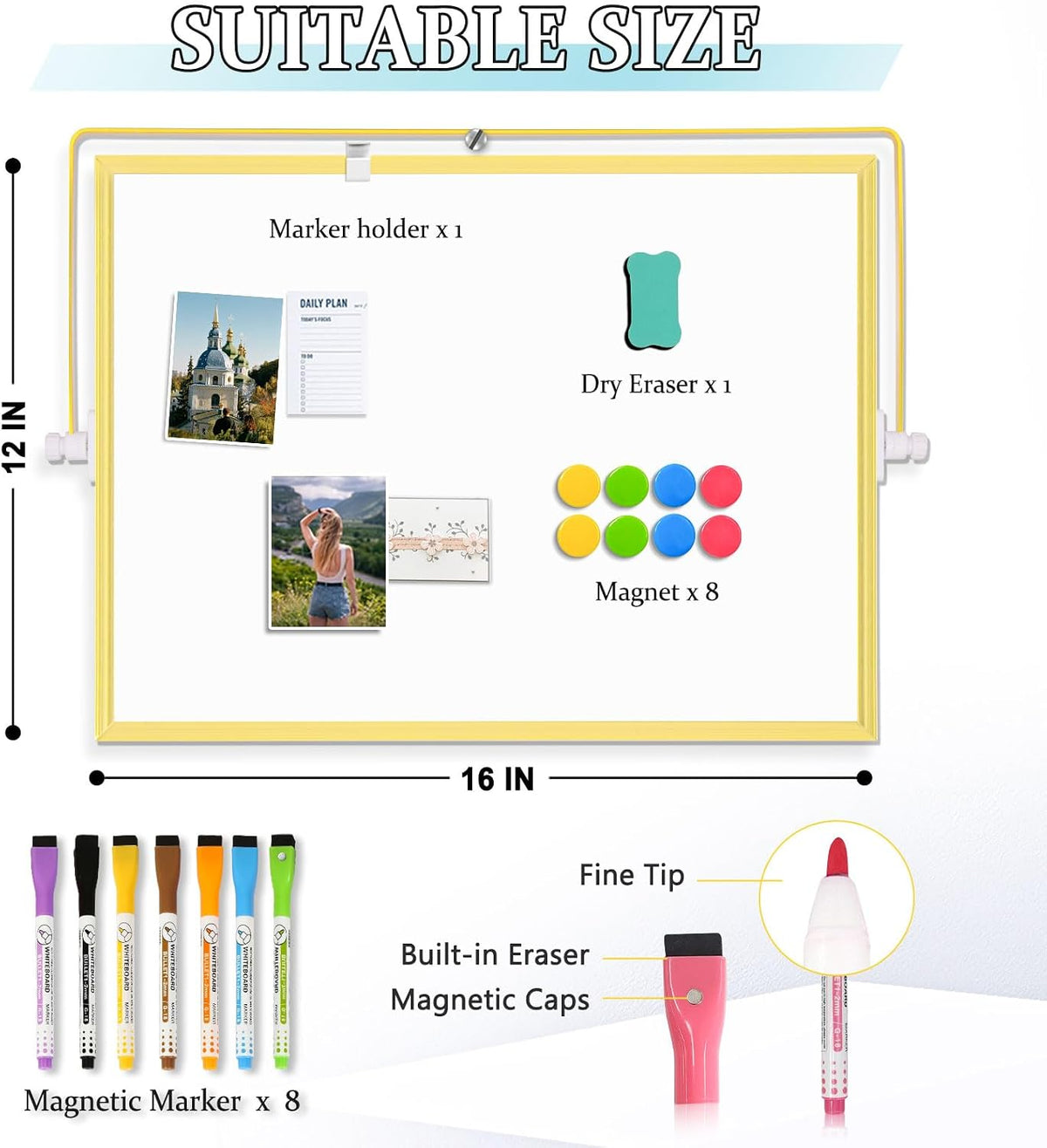 Double-Sided Magnetic White Board with Stand, 16" x 12"