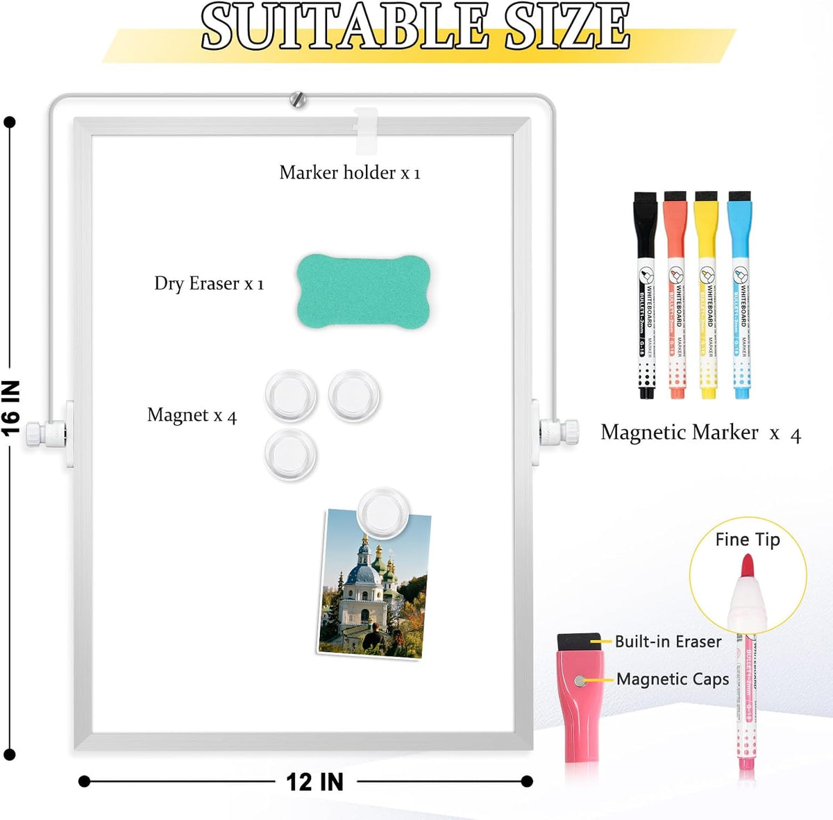 Double-Sided Magnetic White Board with Stand, 16" x 12"