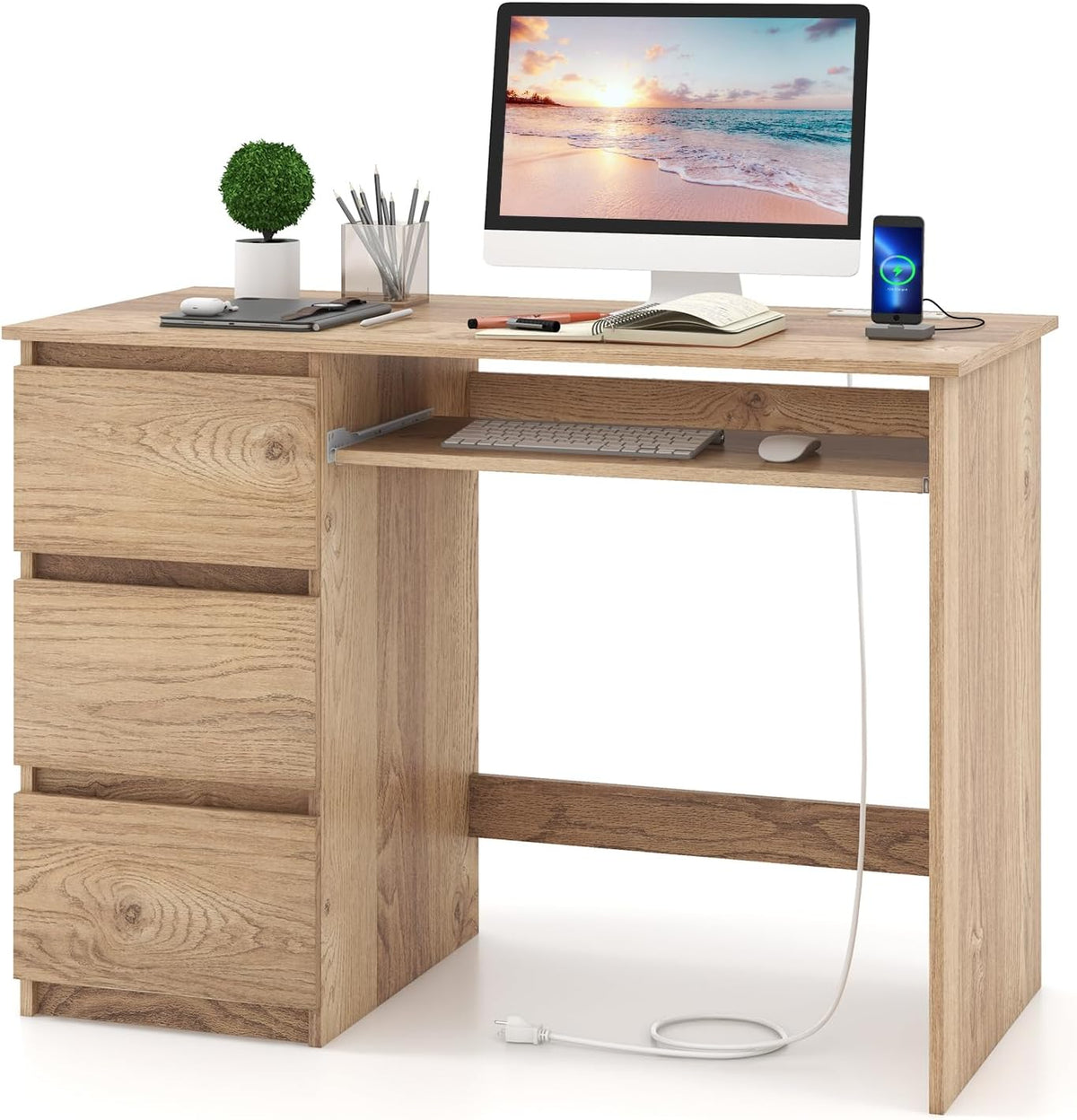 Computer Desk with 3 Storage Drawers & Built-in Charging Station, Home Office Desk with Keyboard Tray, PC Desk Study Writing Desk, Vanity Table for Bedroom, Computer Workstation (Natural)