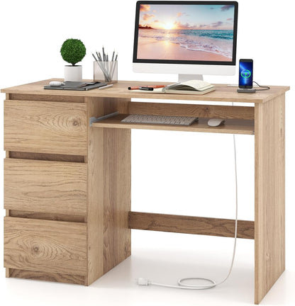 Computer Desk with 3 Storage Drawers & Built-in Charging Station, Home Office Desk with Keyboard Tray, PC Desk Study Writing Desk, Vanity Table for Bedroom, Computer Workstation (Natural)