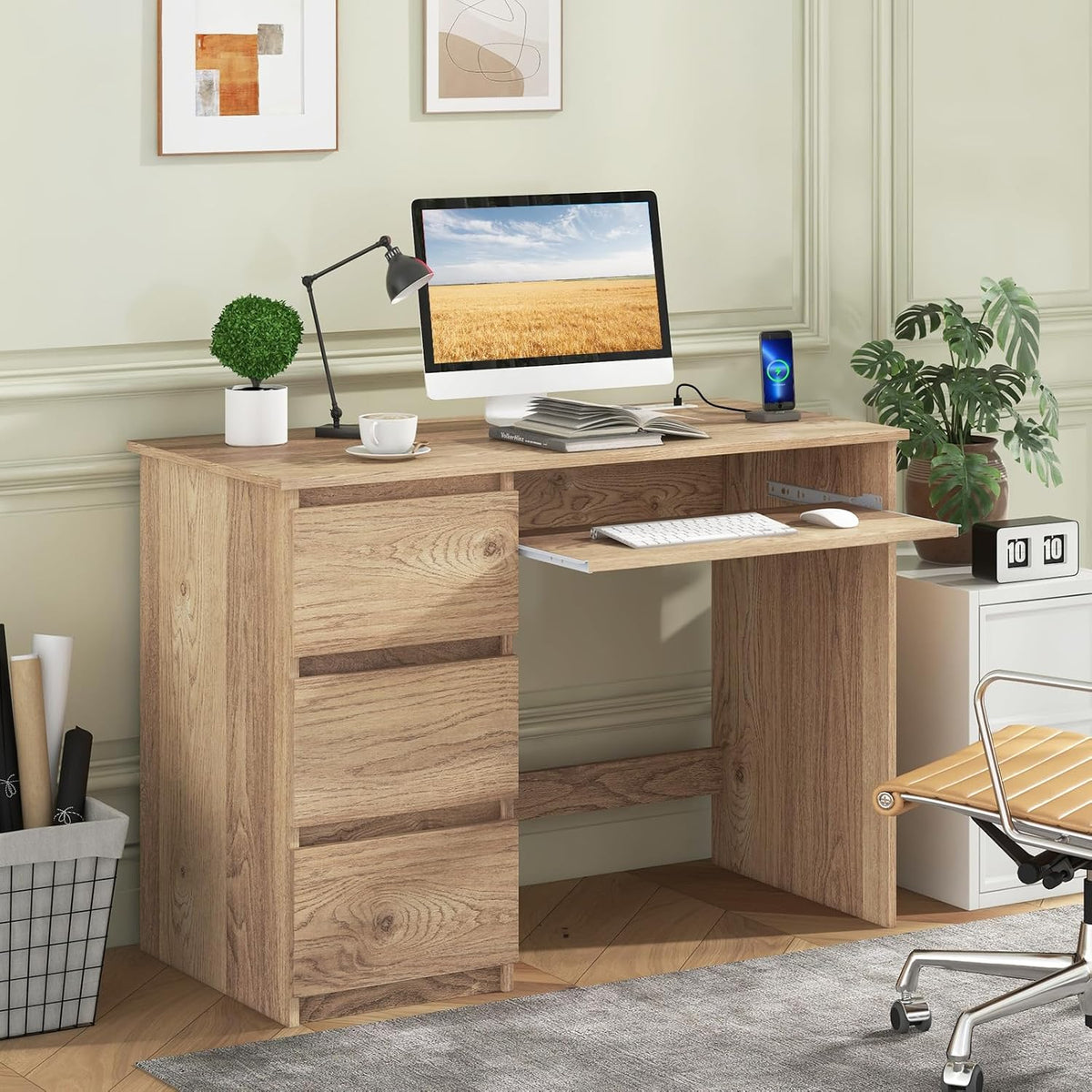 Computer Desk with 3 Storage Drawers & Built-in Charging Station, Home Office Desk with Keyboard Tray, PC Desk Study Writing Desk, Vanity Table for Bedroom, Computer Workstation (Natural)