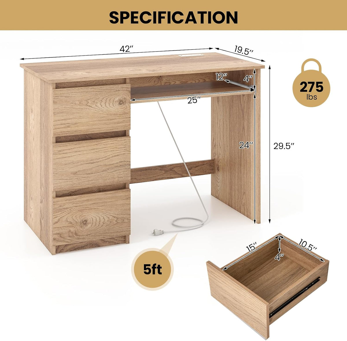 Computer Desk with 3 Storage Drawers & Built-in Charging Station, Home Office Desk with Keyboard Tray, PC Desk Study Writing Desk, Vanity Table for Bedroom, Computer Workstation (Natural)