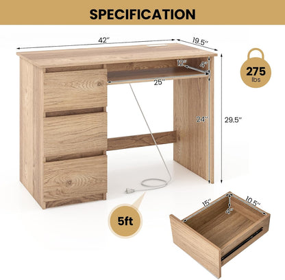 Computer Desk with 3 Storage Drawers & Built-in Charging Station, Home Office Desk with Keyboard Tray, PC Desk Study Writing Desk, Vanity Table for Bedroom, Computer Workstation (Natural)