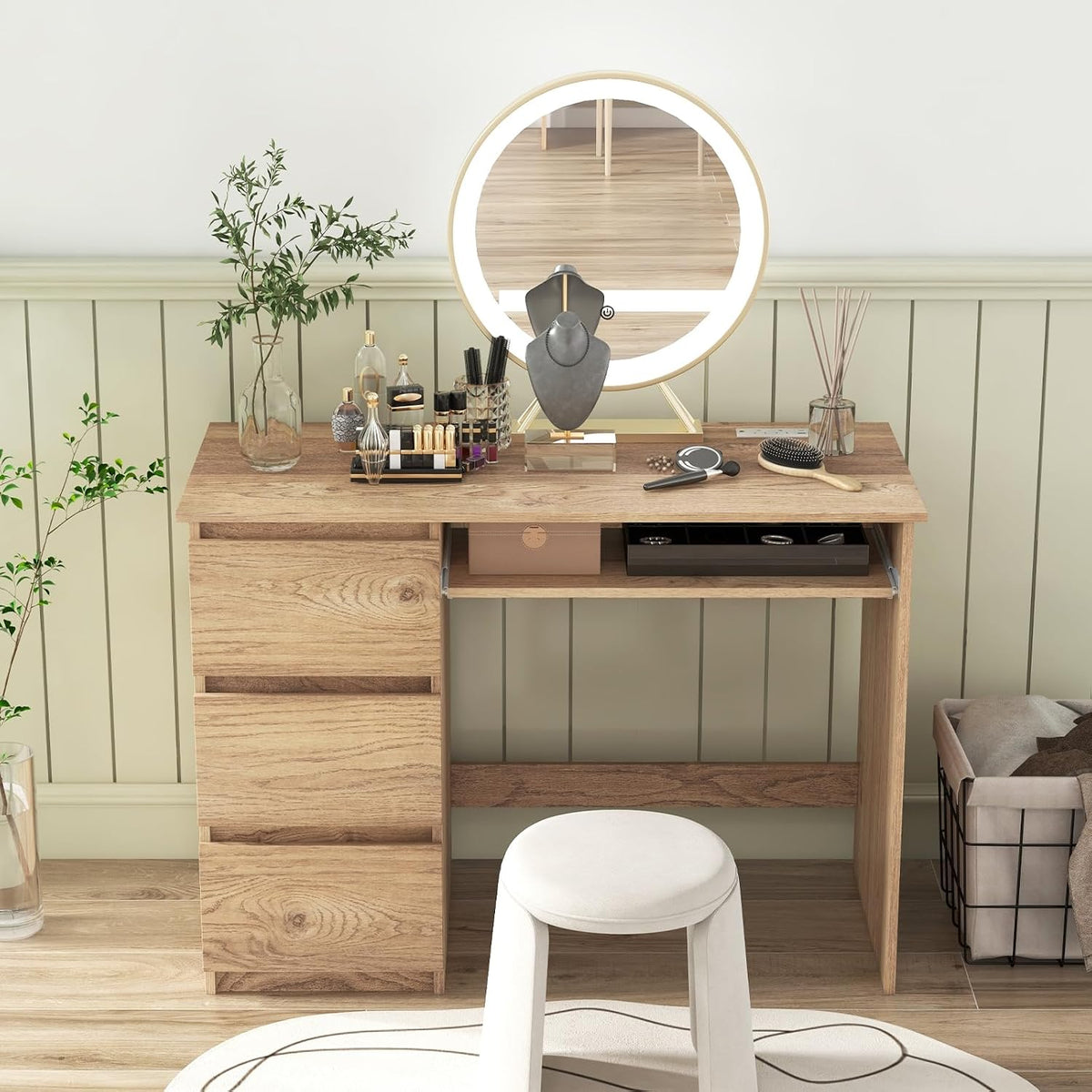 Computer Desk with 3 Storage Drawers & Built-in Charging Station, Home Office Desk with Keyboard Tray, PC Desk Study Writing Desk, Vanity Table for Bedroom, Computer Workstation (Natural)